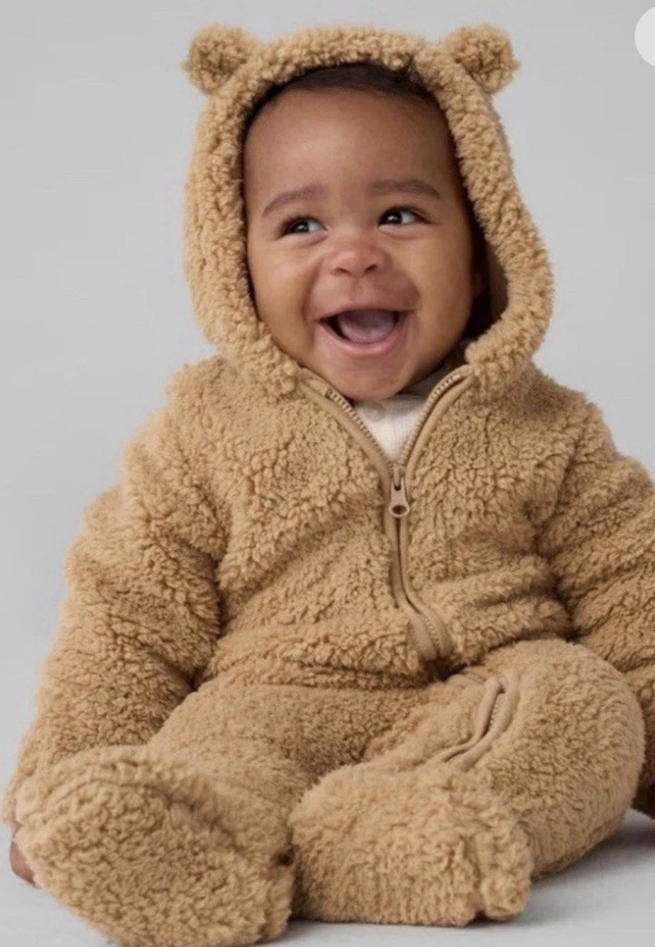 Baby Gap Teddy Sherpa One Piece 6 To 12 Mo Brown Bear Ear Appliqué Hood Cozy